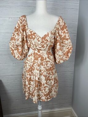Lovers + Friends Cream & Tan Floral Puff-Sleeve Mini Dress